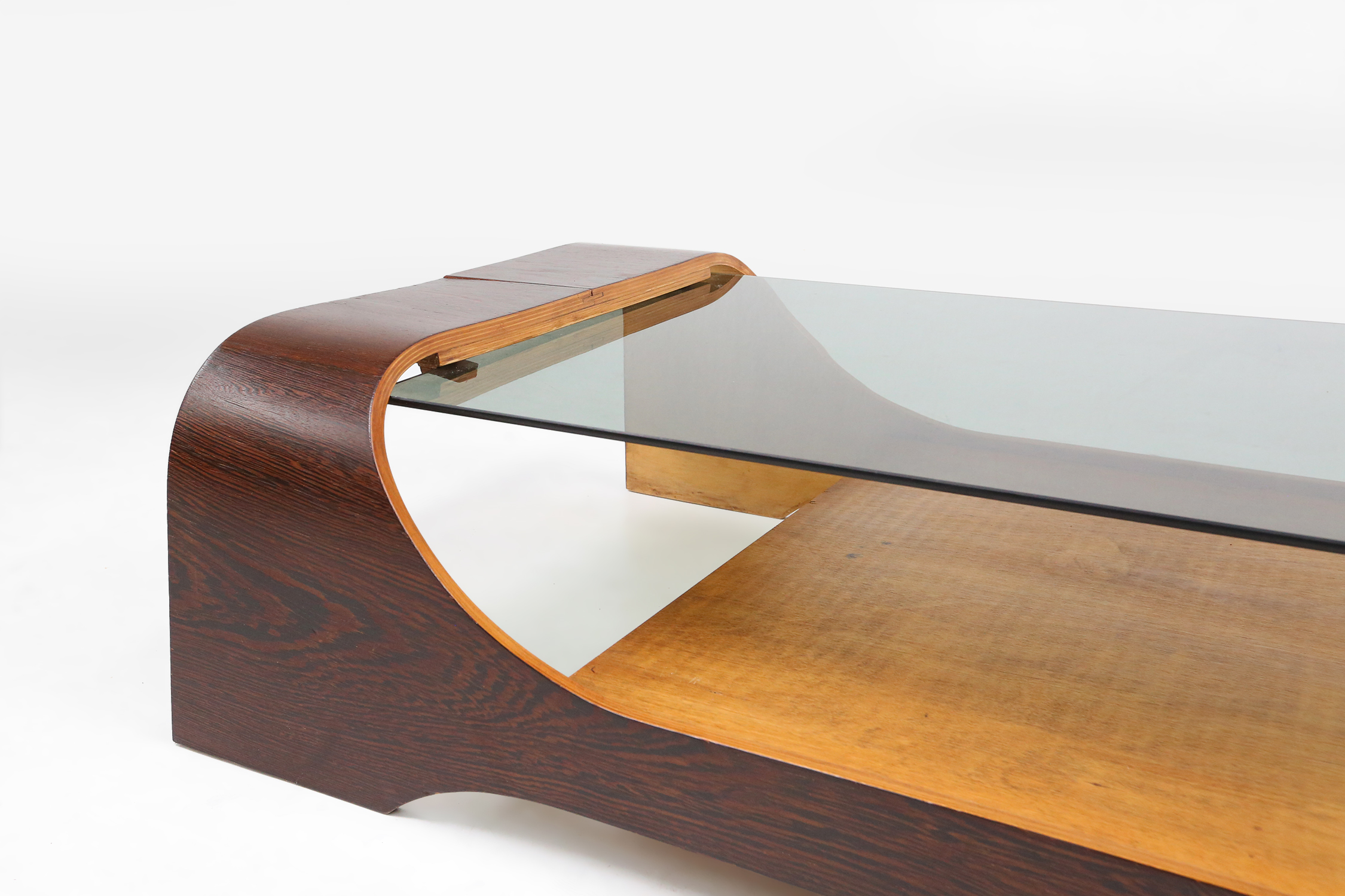 French mid-century coffee table in curved wenge plywood with glass top, 1960sthumbnail